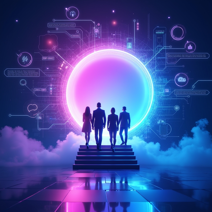 Silhouettes entering a glowing digital portal.