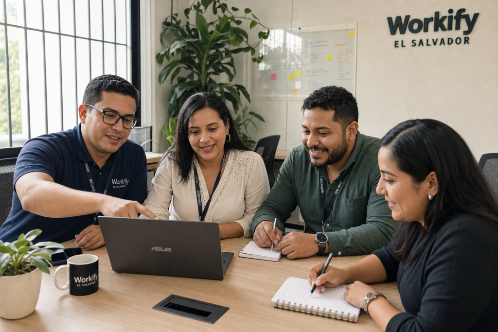 Equipo de RRHH colaborando frente a una plataforma de reclutamiento digital en una oficina moderna