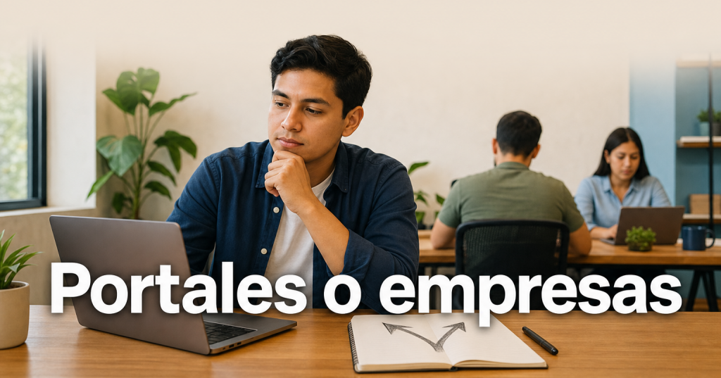 Recién graduado frente a una laptop evaluando portales de empleo y contacto directo con empresas
