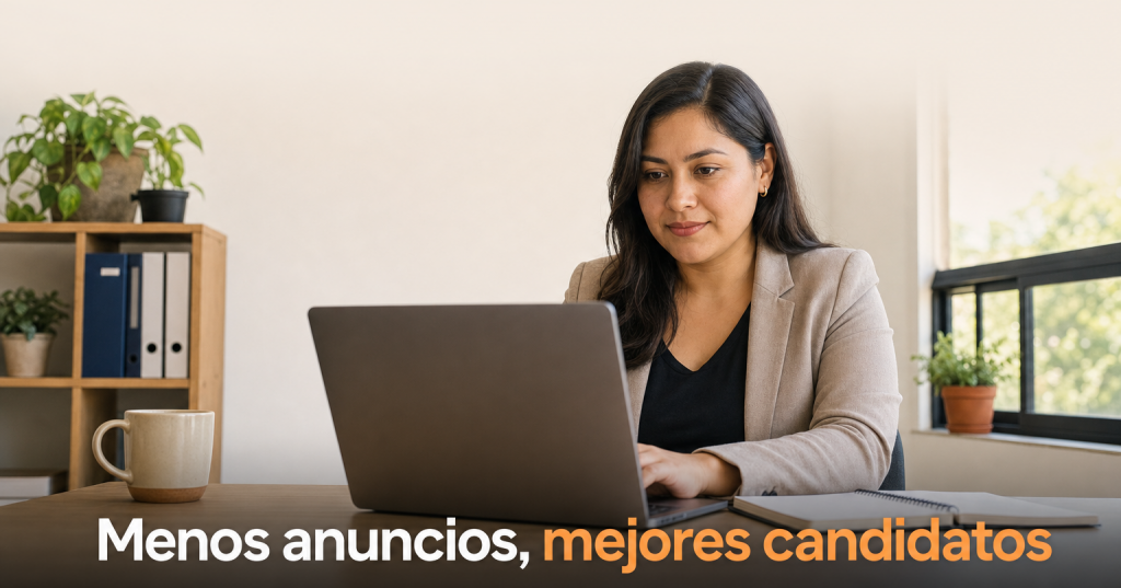 Hiring manager reviewing candidate profiles on a laptop in a modern office setting