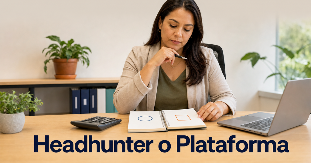 Business professional comparing headhunter costs versus a digital hiring platform at an office desk