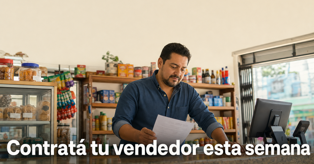 Dueño de tienda en San Salvador dándole la bienvenida a un nuevo vendedor detrás del mostrador