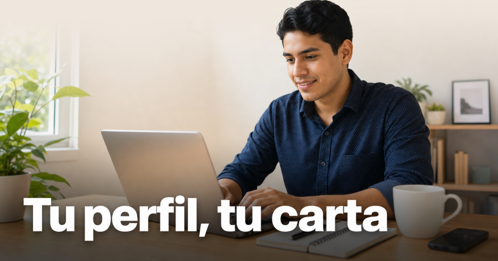 Joven profesional construyendo su perfil laboral en una laptop en un escritorio ordenado