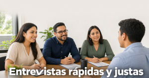 Hiring manager reviewing candidate folders and a scoring rubric on a laptop in a modern office