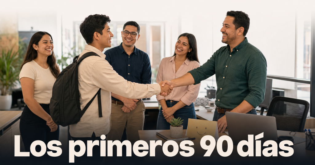 Nuevo empleado siendo bienvenido por su gerente y equipo en su primer día de trabajo en una oficina moderna